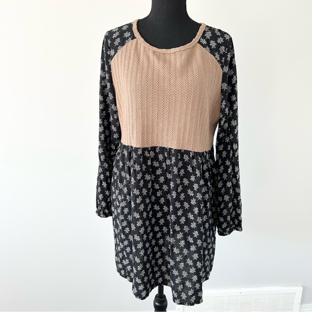 THML Mixed Media Breezy Babydoll Knit Floral Long Sleeve Mini  Dress